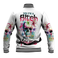 Unisex white baseball jacket with ribbed stripes and colorful skull back graphic