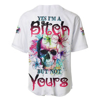 White baseball jersey back with colorful skull graphic and graffiti-style text