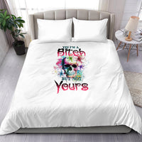 White duvet bedding set with two pillowcases, multicolor skull graphic and 'yours' text