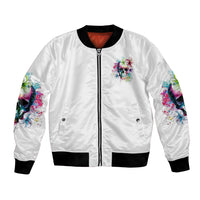 White bomber jacket, front view, full-zip with multicolor floral sleeve accents.