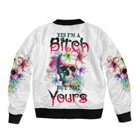 White bomber jacket with colorful skull and butterfly graphic on the back.
