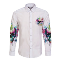 White long-sleeve button shirt with colorful skull graphic on chest and sleeves