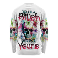 White long-sleeve shirt with colorful skull and butterfly graphic on the back