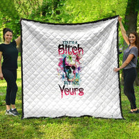 White quilt with diamond quilting and colorful skull graphic, black edge trim