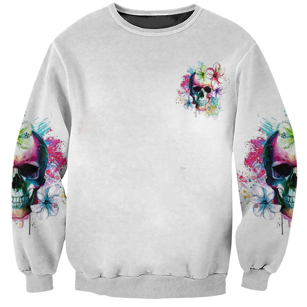 Unisex light gray sweatshirt, front small skull graphic, multicolor sleeve art