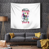 White tapestry featuring colorful skull artwork and slogan, mounted on a wall