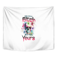Square white tapestry with multicolor skull graphic and slogan in the center