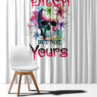 White window curtain with multicolor skull and stylized text print, full-length drape