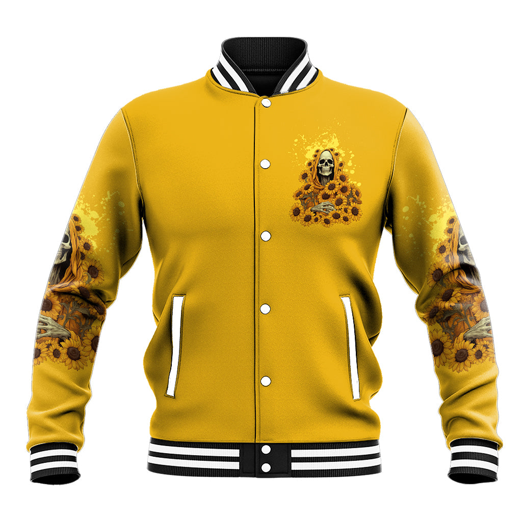 Yellow varsity jacket with front skull-and-sunflower reaper print, snap button placket