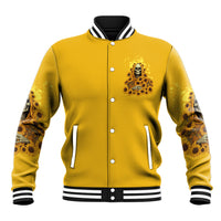Yellow varsity jacket with front skull-and-sunflower reaper print, snap button placket