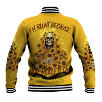 Yellow baseball jacket with back skull-and-reaper sunflower graphic, striped ribbed collar