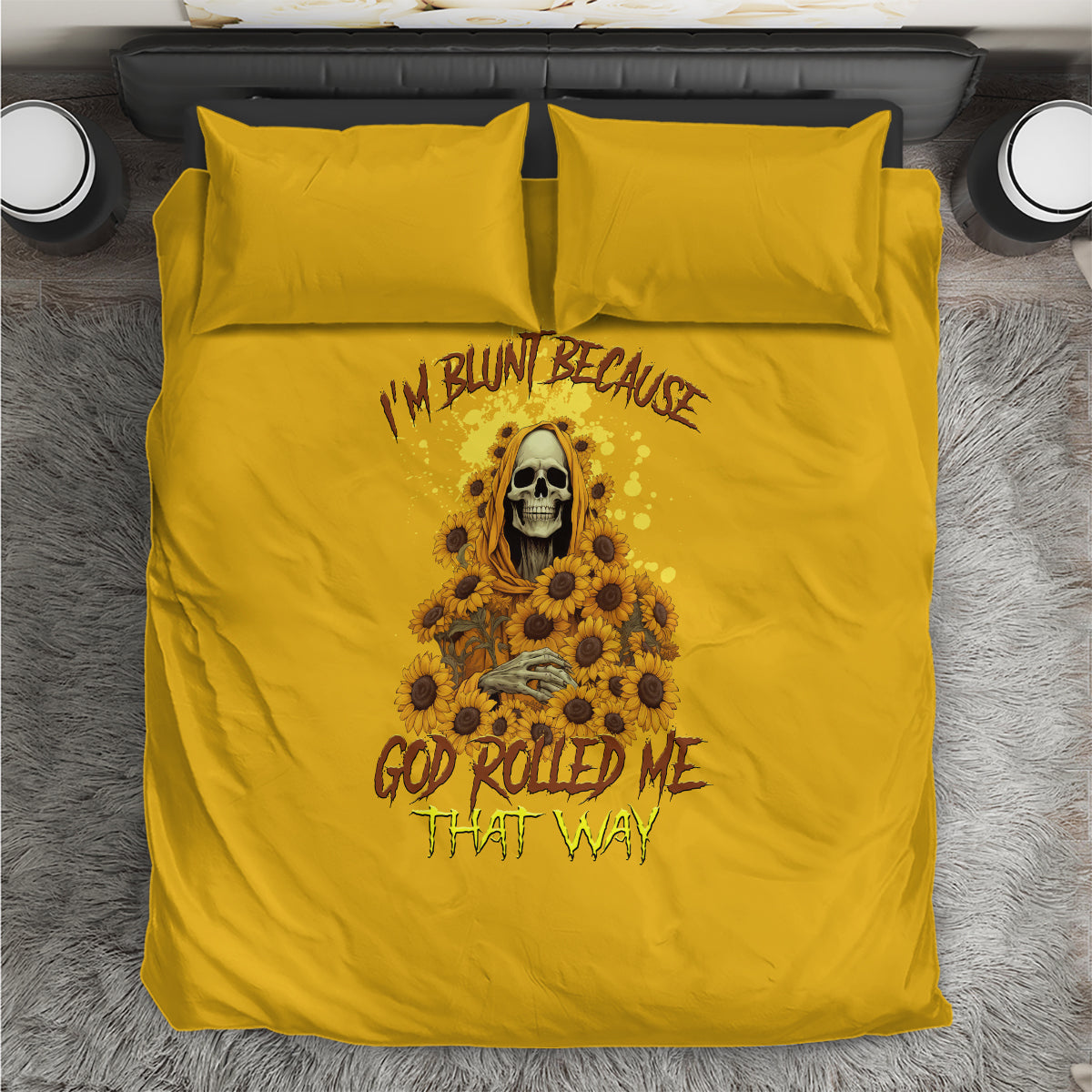 Yellow bedding set with central reaper skull and sunflower print, two pillowcases
