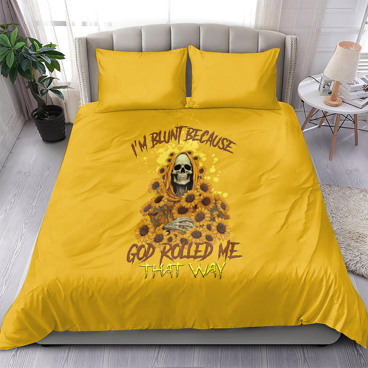 Yellow bedding set with skull reaper artwork and sunflowers, two pillowcases