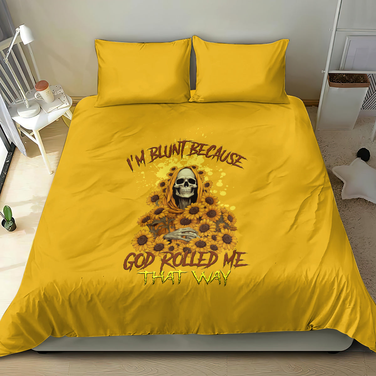 Yellow bedding set with skull reaper and sunflower graphic, two matching pillowcases