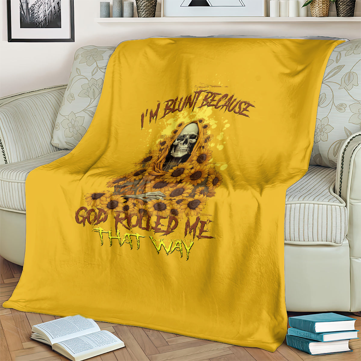Sunflower reaper throw blanket, golden yellow, skull with flowers and slogan text