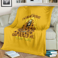 Sunflower reaper throw blanket, golden yellow, skull with flowers and slogan text