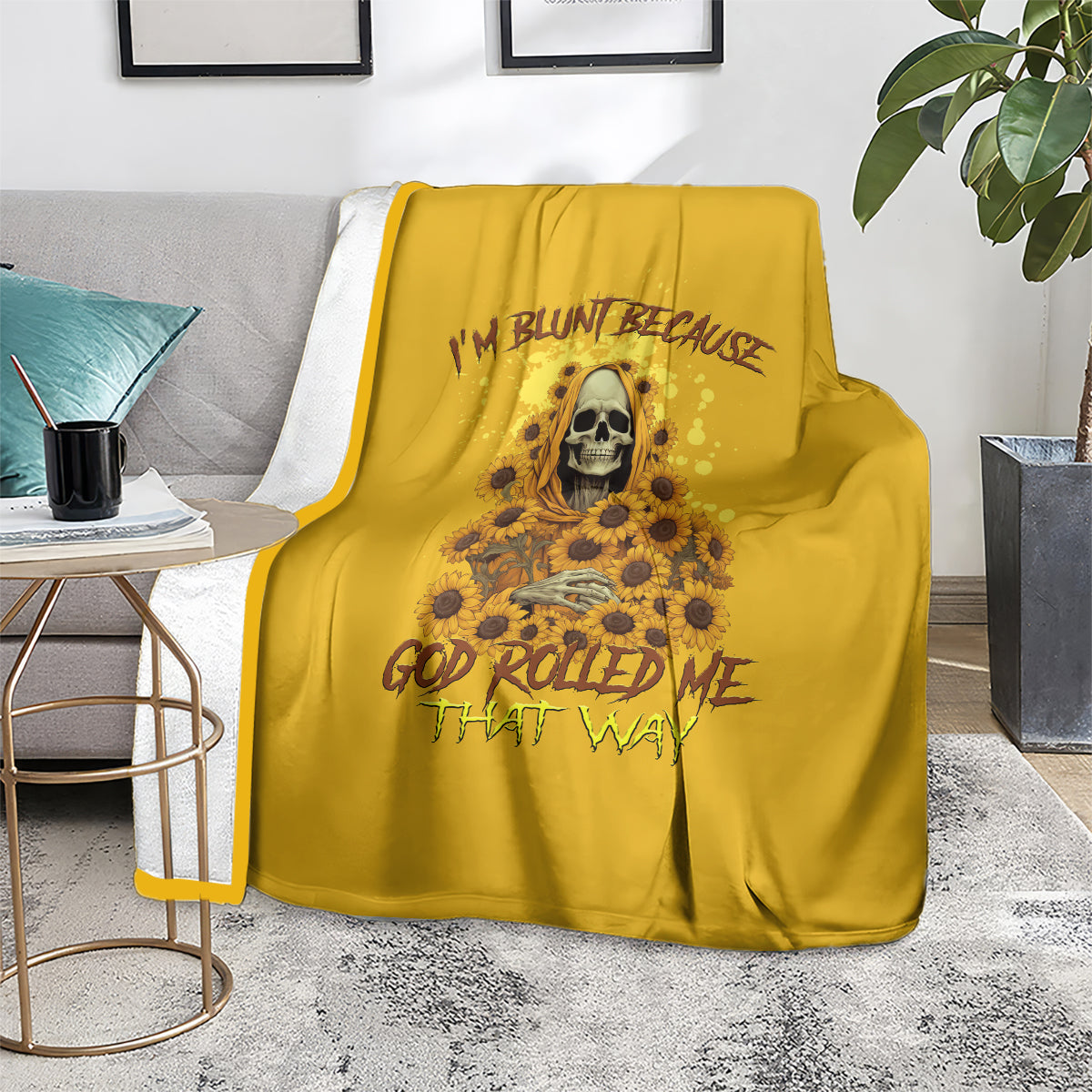 Sunflower reaper graphic throw blanket in golden yellow with skull and floral print