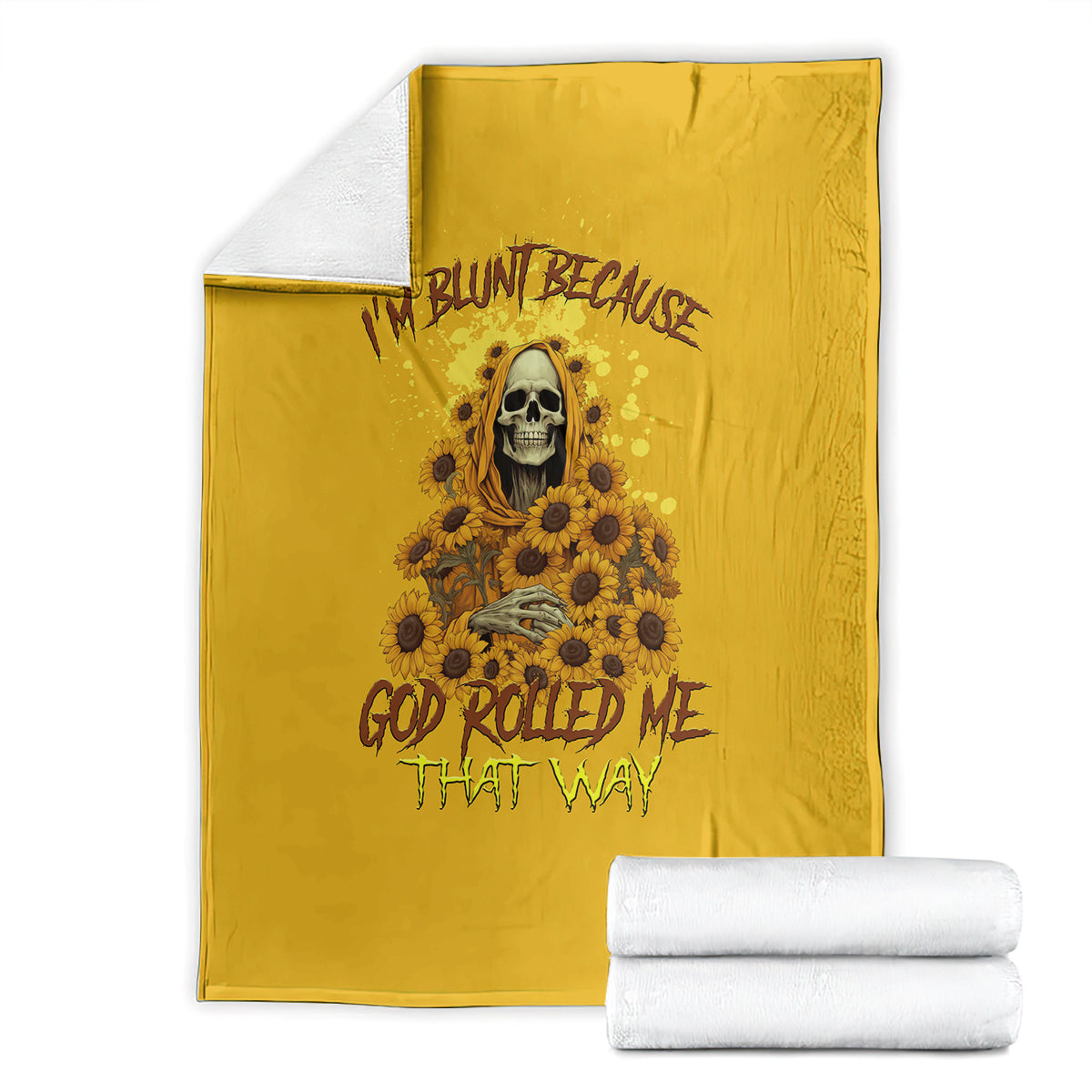 Golden yellow reaper throw blanket with skull artwork and sunflower-style flowers