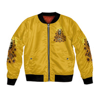 Yellow unisex bomber jacket with front zipper, skull sunflowers chest patch, black rib cuffs