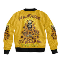 Yellow bomber jacket with skull and sunflowers back graphic and ribbed black hem