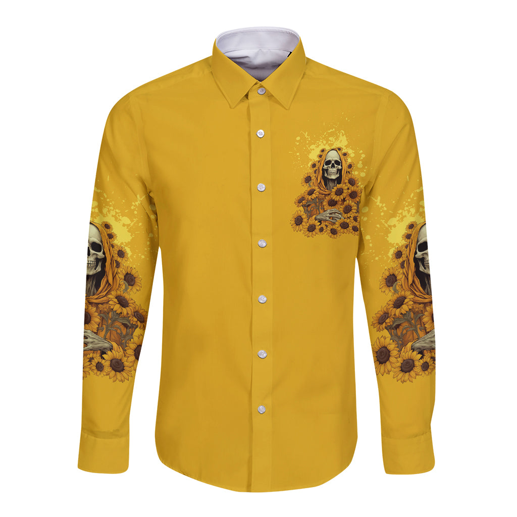 Long sleeve button shirt, yellow with skull and sunflower graphic on front