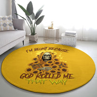 Yellow round carpet with skull, sunflower graphic, and "God rolled me" text