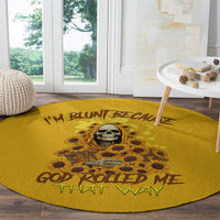 Yellow round carpet with centered skull-and-sunflowers artwork and "God rolled me"