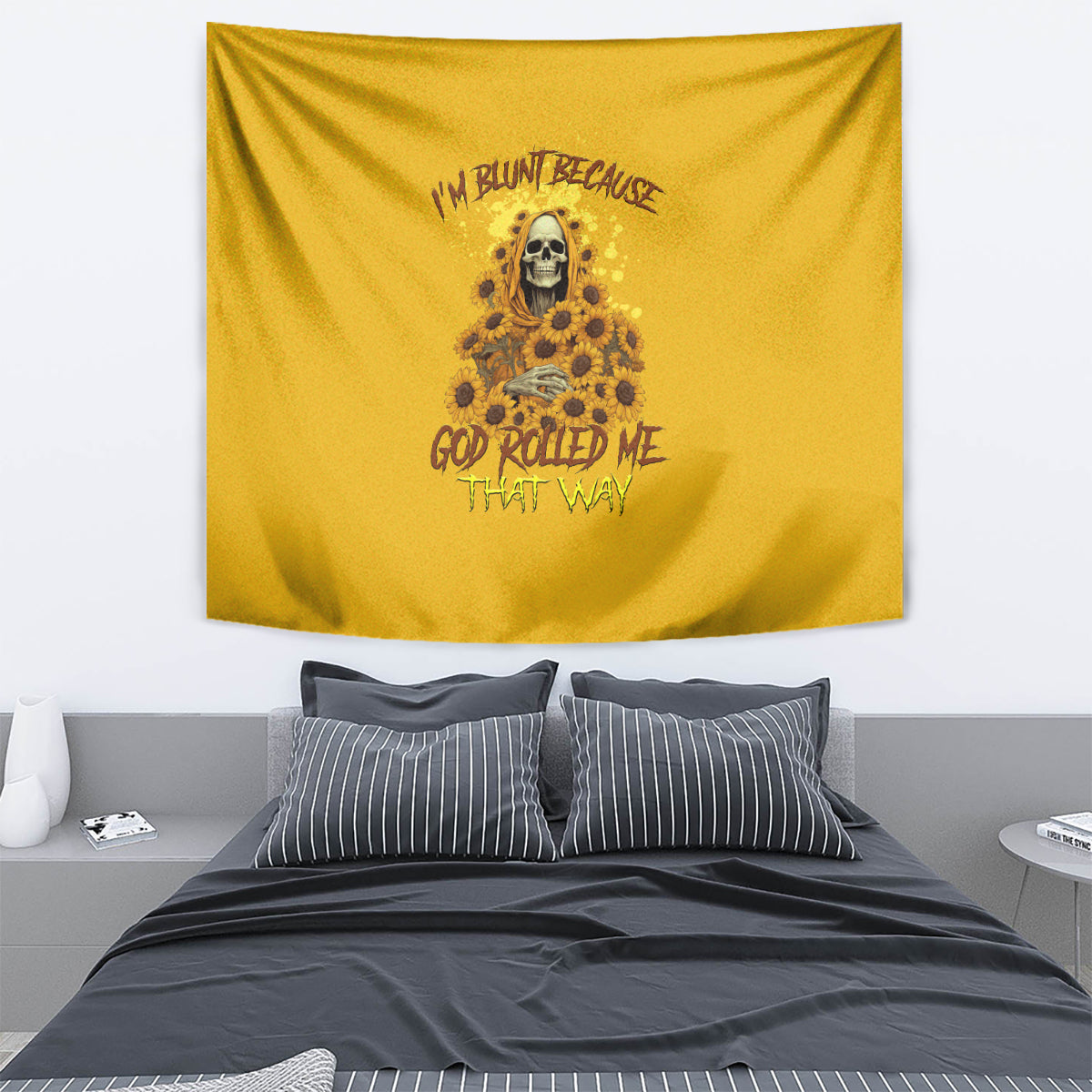 Yellow tapestry with skull and sunflower reaper art and bold stylized lettering