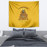Yellow tapestry with skull and sunflower reaper art and bold stylized lettering