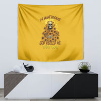 Yellow wall tapestry with skull and sunflower reaper graphic and stylized text
