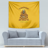 Yellow wall tapestry with centered skull and sunflower reaper artwork and lettering