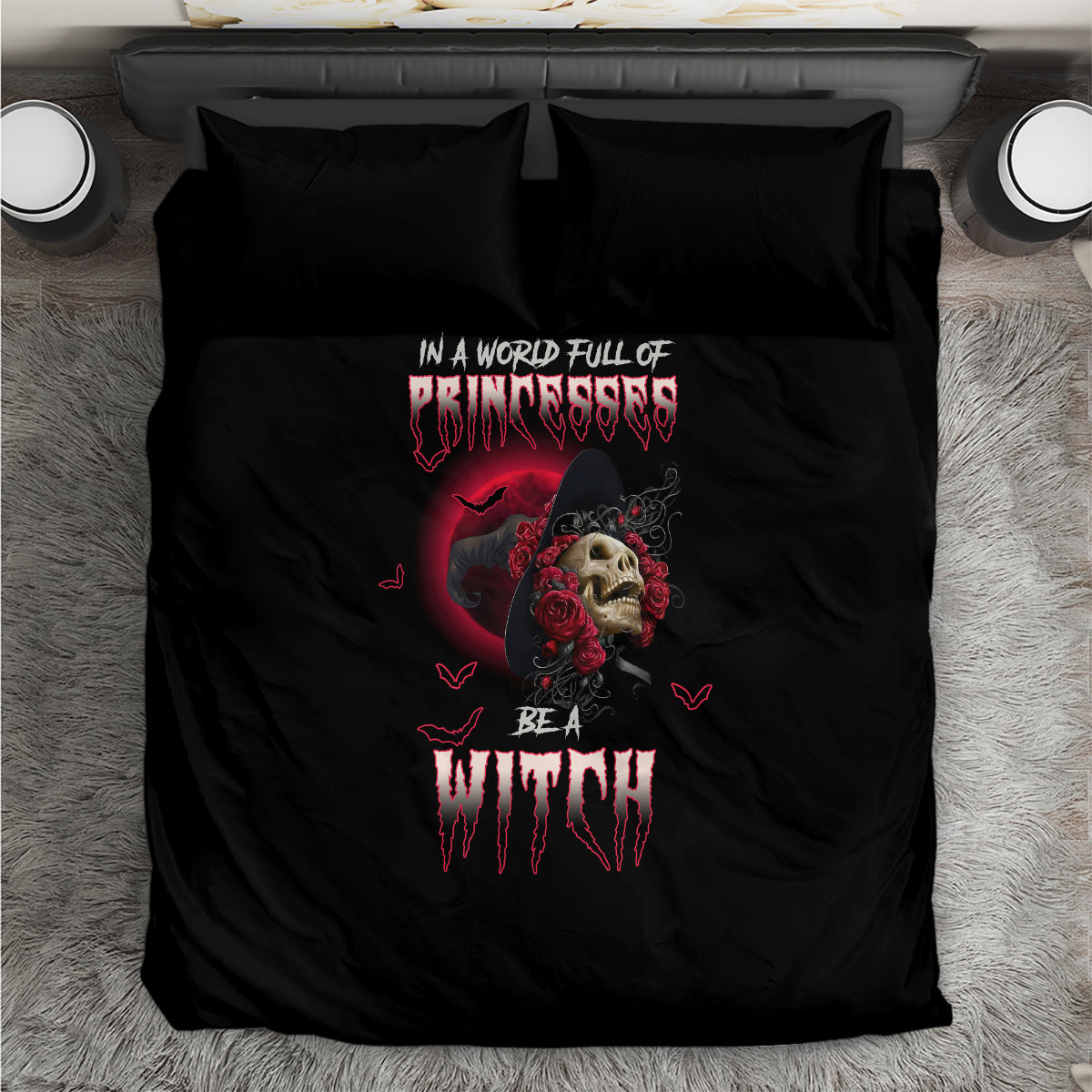 Black bedding set featuring red witch skull and rose illustration centered on duvet