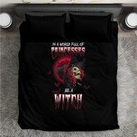 Black bedding set featuring red witch skull and rose illustration centered on duvet