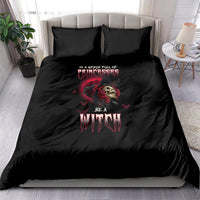 Black witch rose skull bedding set with red gothic text graphic on duvet and pillows