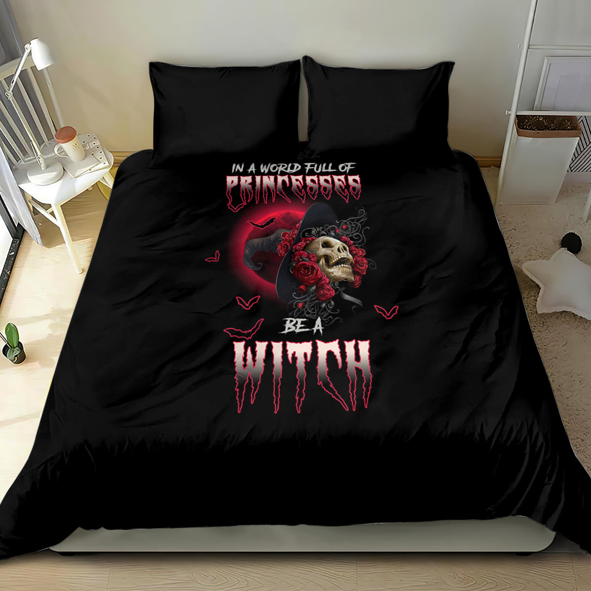 Black witch bedding set with red rose skull artwork and Be a Witch lettering