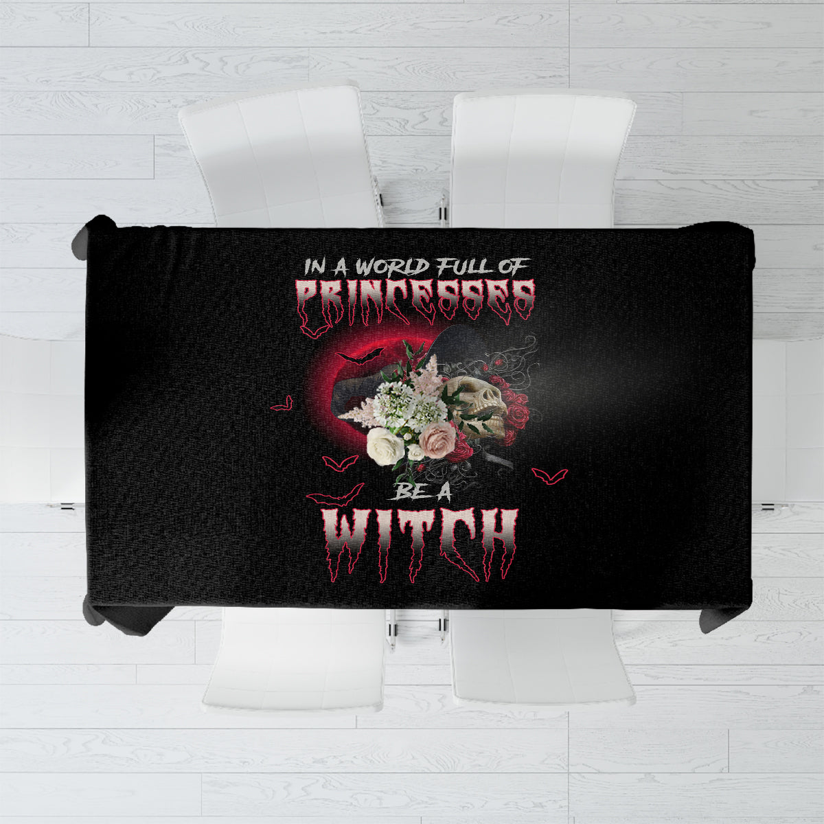 Witch-themed black tablecloth featuring a red skull and roses with text design