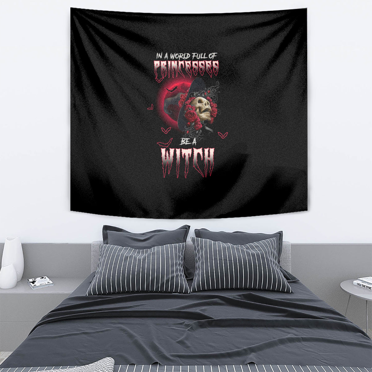 Black witch rose skull tapestry with red text and heart accents, wall hanging