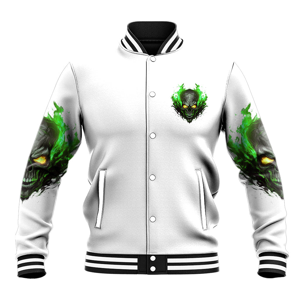 White unisex varsity jacket with snap buttons, striped collar, green skull emblem