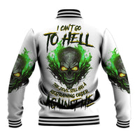 White unisex baseball jacket with green skull graphic and striped ribbed cuffs