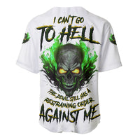 White baseball jersey with green skull eyes graphic and dark dripping text