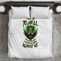 White bedding set with green skull graphic and two matching pillows