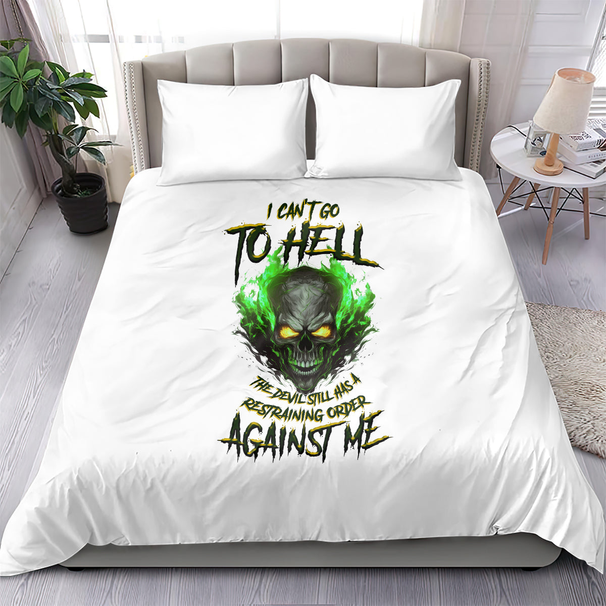 White duvet cover bedding set with green skull face and two pillows