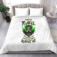 White duvet cover bedding set with green skull face and two pillows