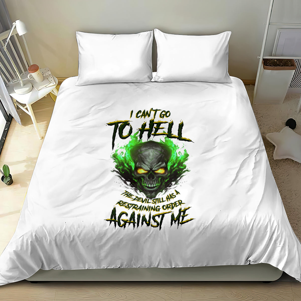 White bedding set with green skull graphic on duvet and two matching pillows