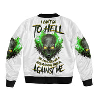 White unisex bomber jacket with green skull graphic and ribbed collar, cuffs, hem