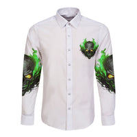 White long sleeve button shirt with green skull head and flame graphic on chest