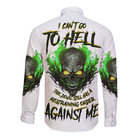 White long sleeve button shirt with green skull and flame graphic, full back print