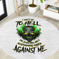 Round carpet close-up: green flaming skull face with stylized black warning text