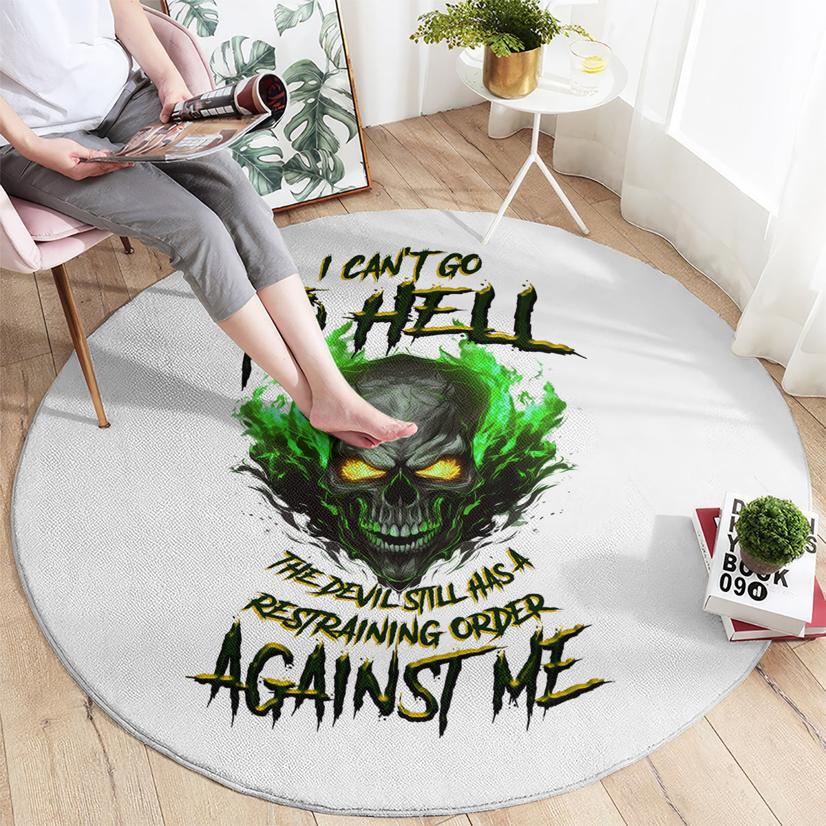 Round carpet with green skull graphic and black hazard-style text on light gray base