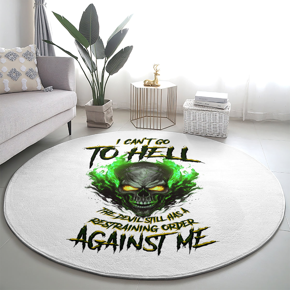 Round carpet with centered green skull graphic and black action-style lettering
